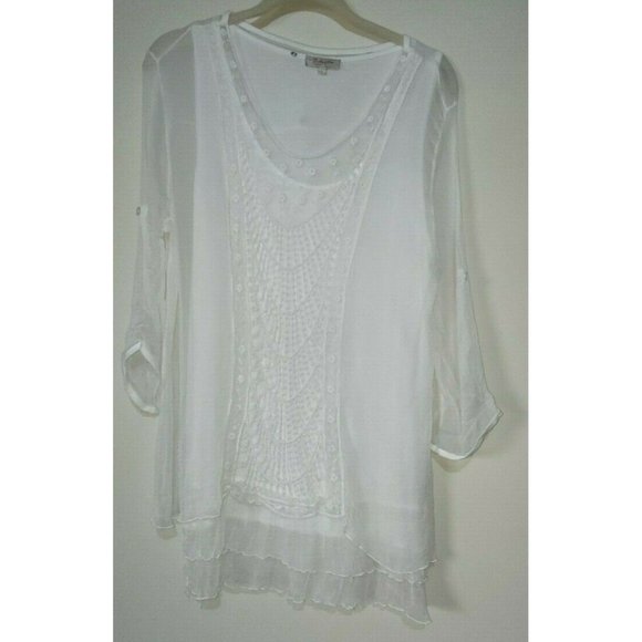 Bellambra White Silk Crocheted Blouse Sheer Layered Bell Sleeves Size large - Picture 1 of 7